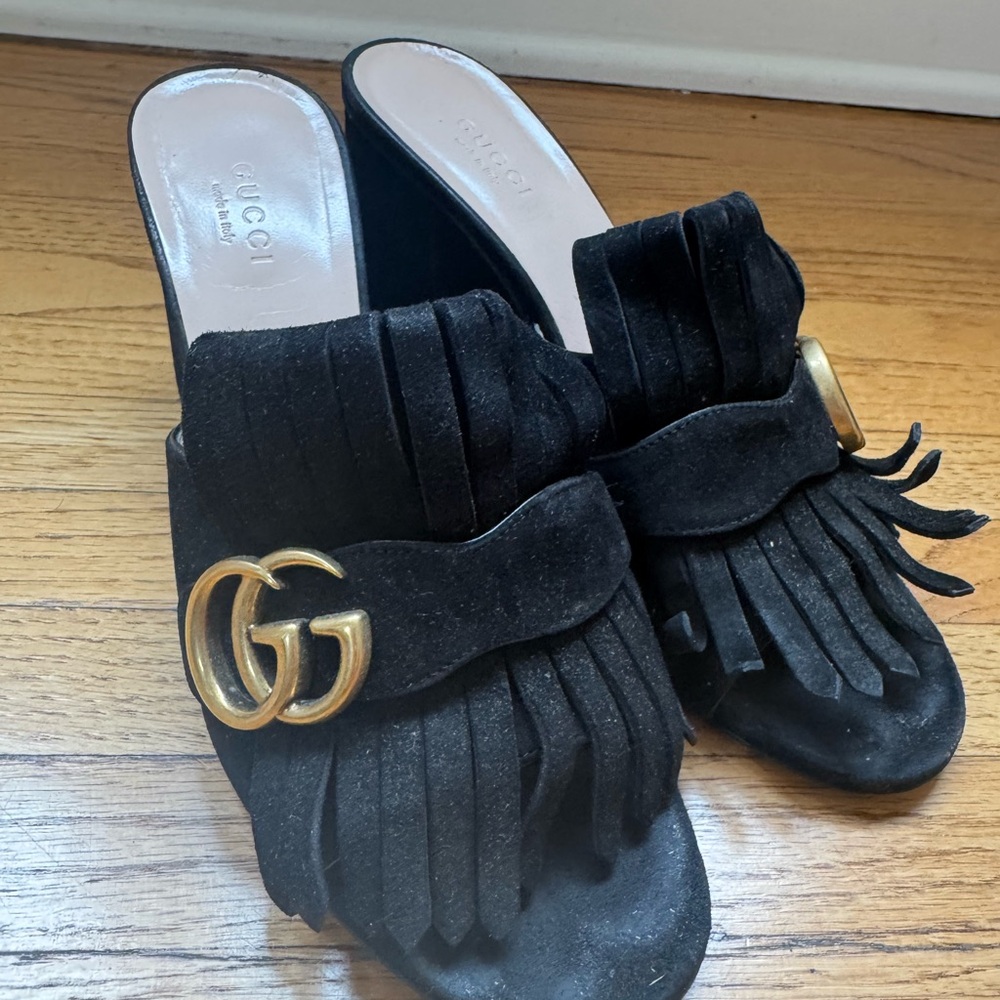 Gucci Black and Gold Mules with Signature GG Logo